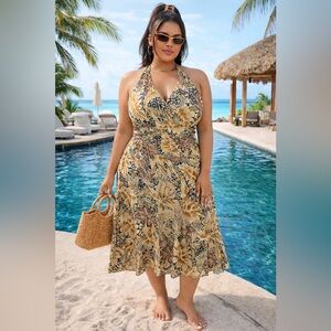 Vintage y2k Tropical Tribal Vacation Halter Midi Dress Resortwear Hawaiian Print